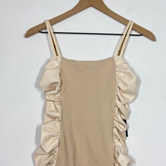 NEW Maniere de Voir Mini Dress Women's Size 8 Tan Faux Leather Ruched Side Party - Picture 4 of 10